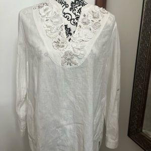 Soft Surroundings White Embellished Tunic cotton linen blend Medium